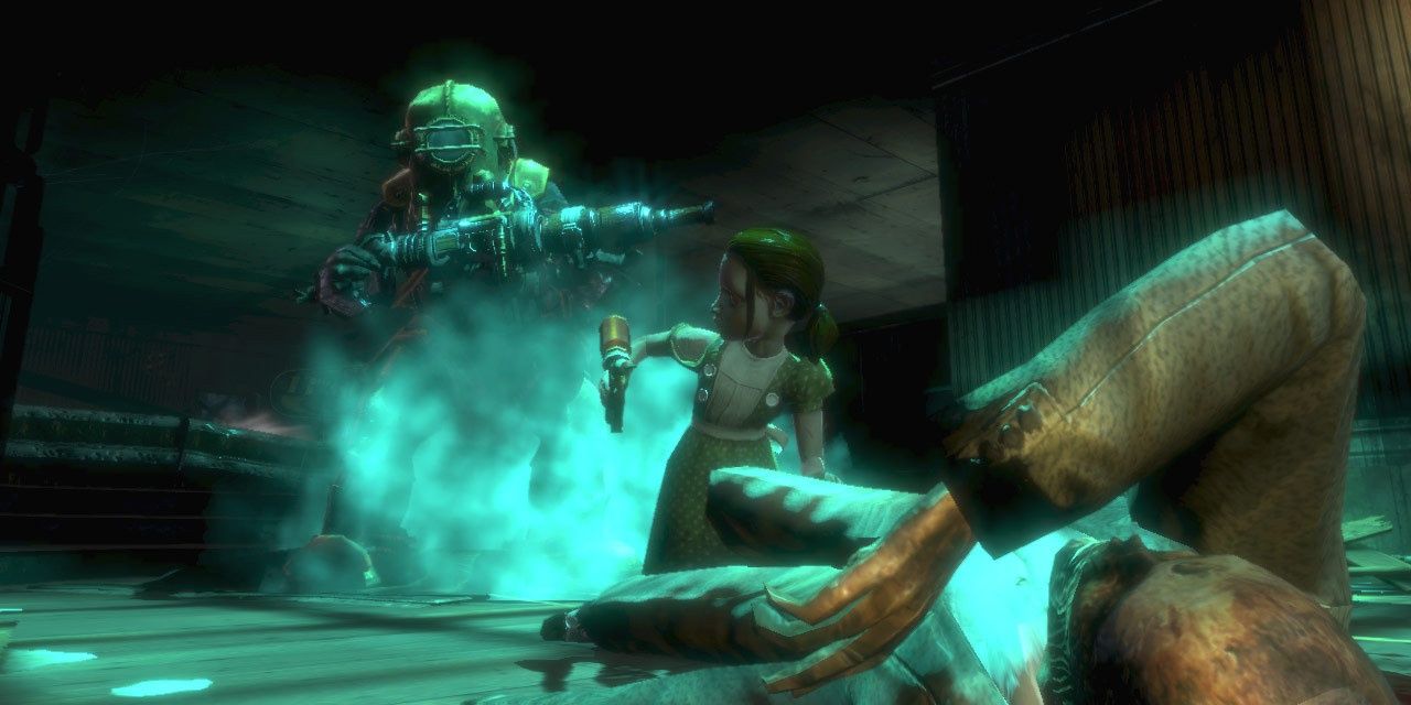 A screenshot showing a Little Sister with a Big Daddy in Bioshock