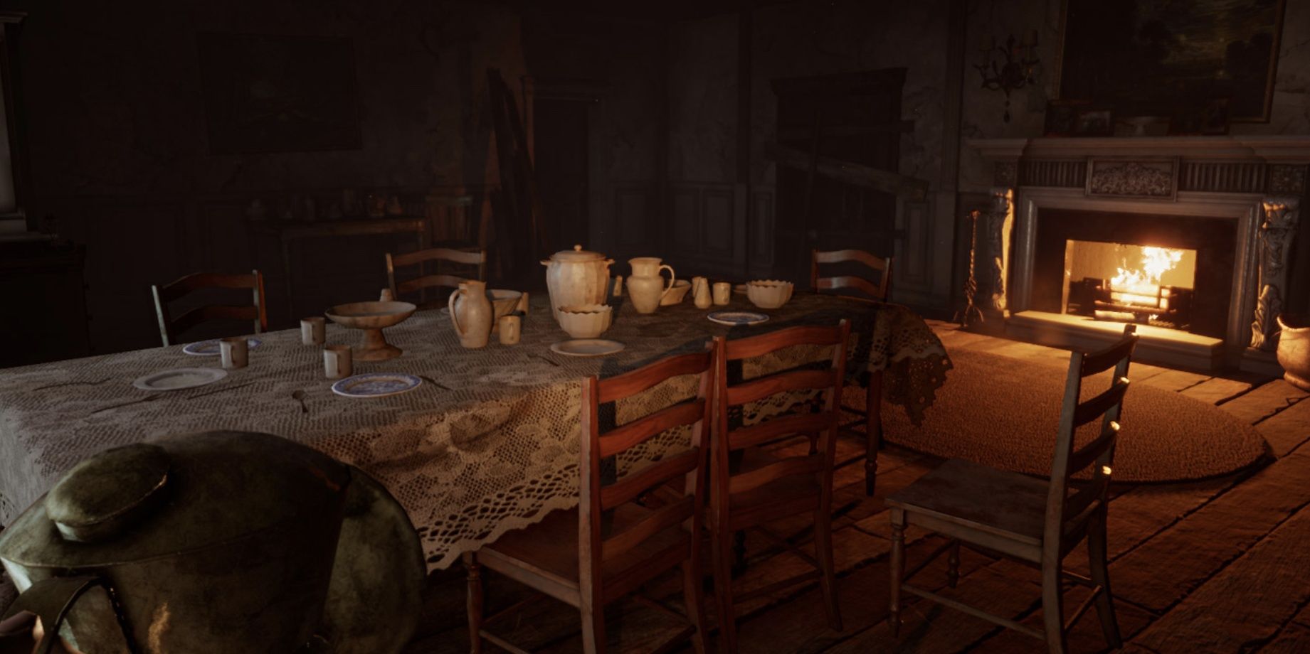 character exploring dining room in silver chains