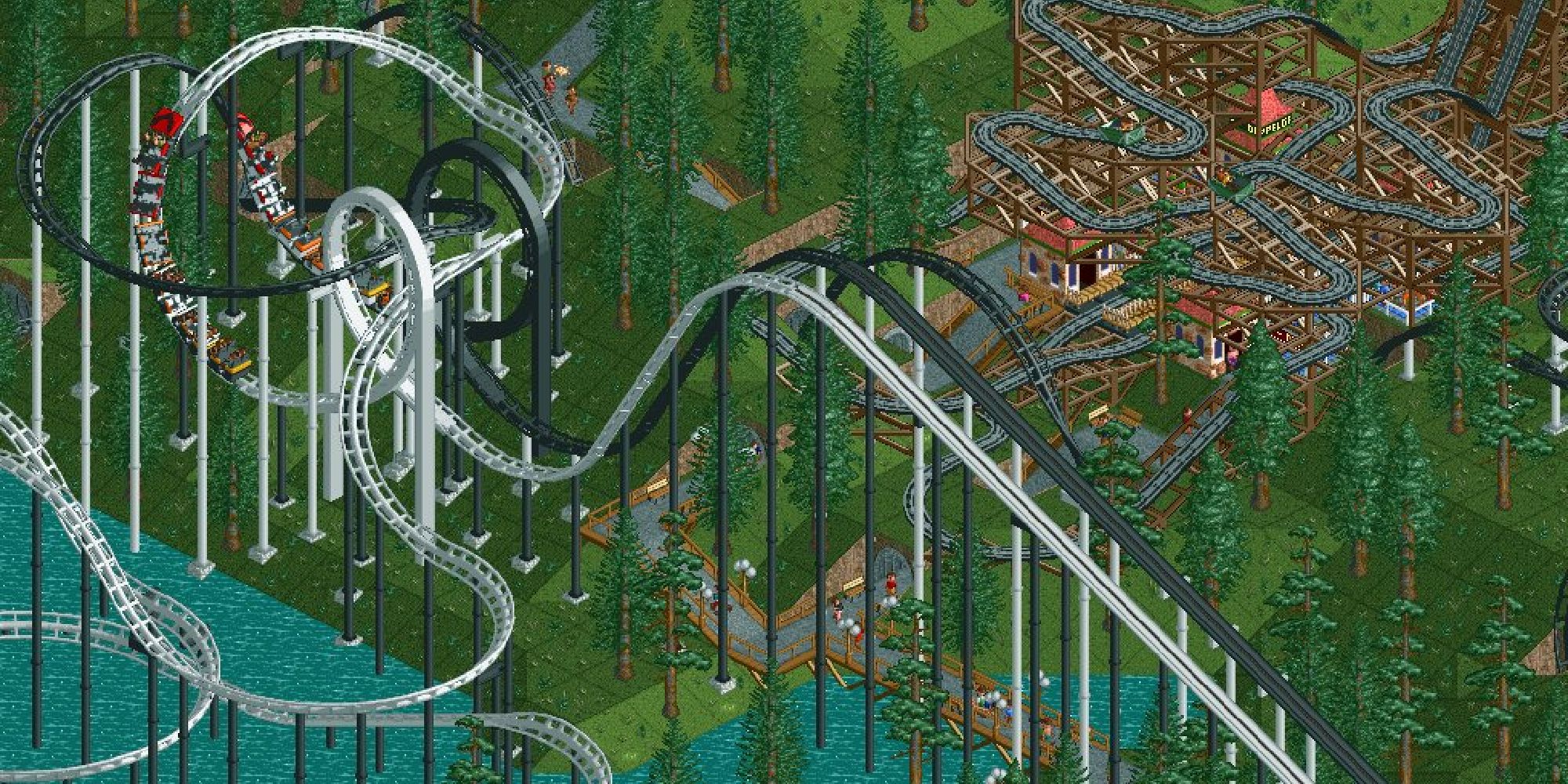 Claustrophobia and Agoraphobia roller coasters racing in Diamond Heights scenario in RollerCoaster Tycoon