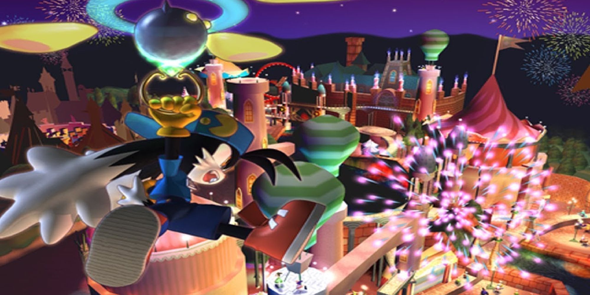 Klonoa drifts over Joilant Fun Park's fireworks display in Klonoa 2