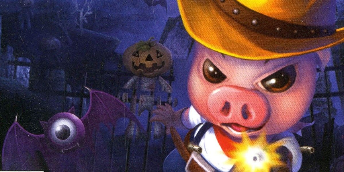 Pig with gun in graveyard.