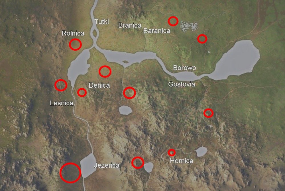 wolf locations circled on map