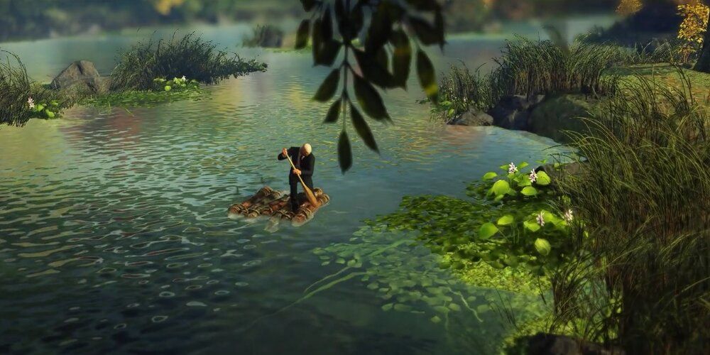 A Screenshot Of Gameplay Of Agent 47 Leaving The Mission By River In The Whittleton Creek Map.