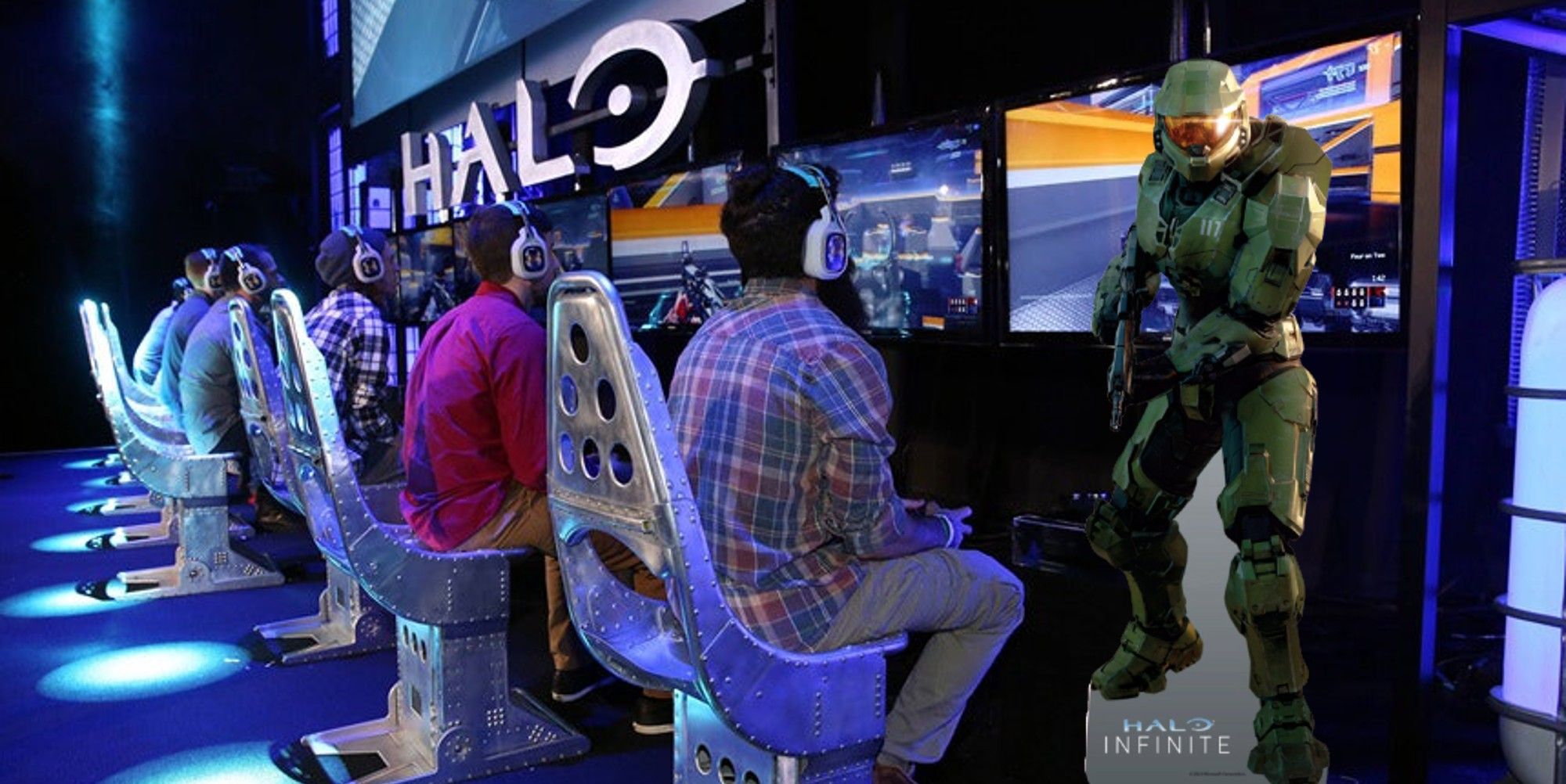 people playing halo master chief standee