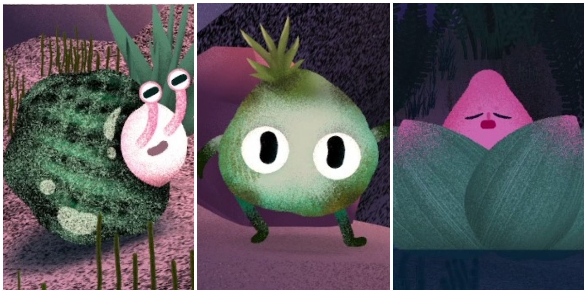 A split image of three Penko Park creatures, the snail-like Schnog, the round green Dubbel, and lastly the plant bulb-like Omomo