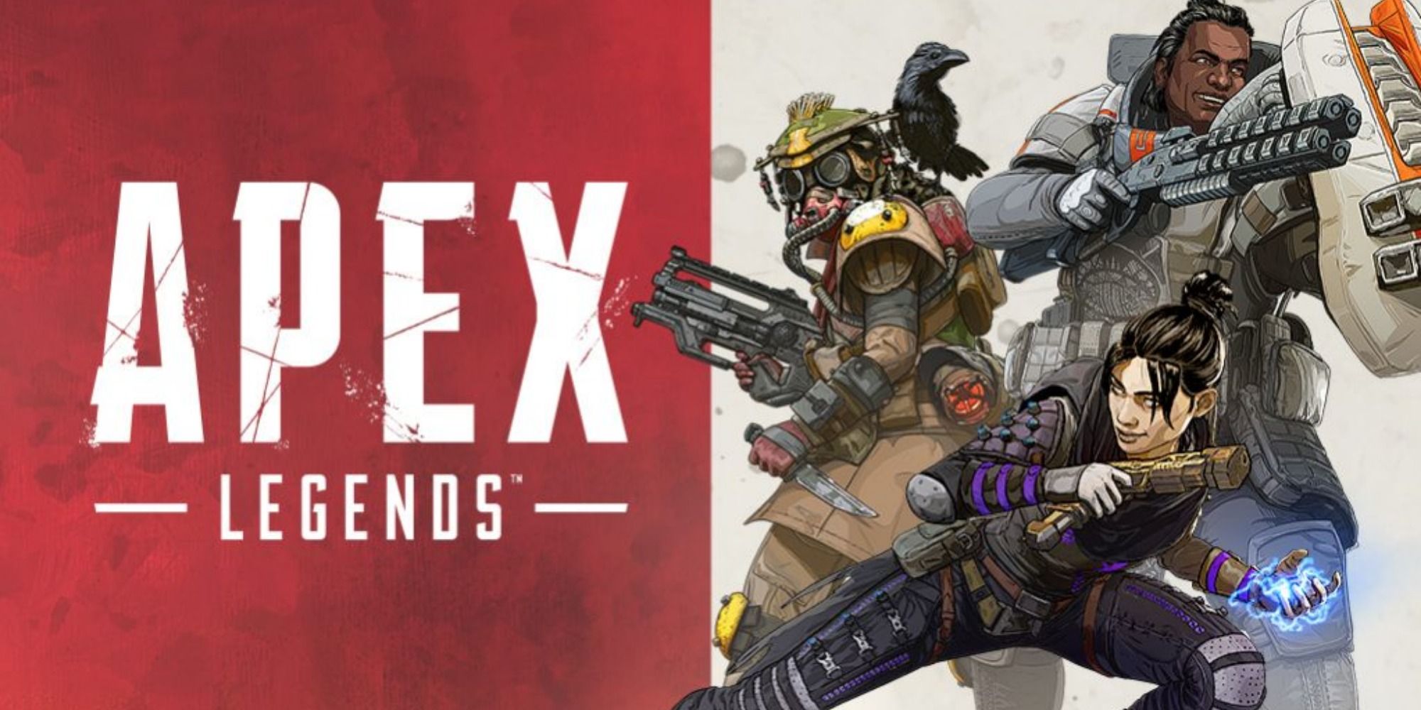 Title art for Apex Legends, with Bloodhound, Wraith and Gibraltar to the right all wielding guns