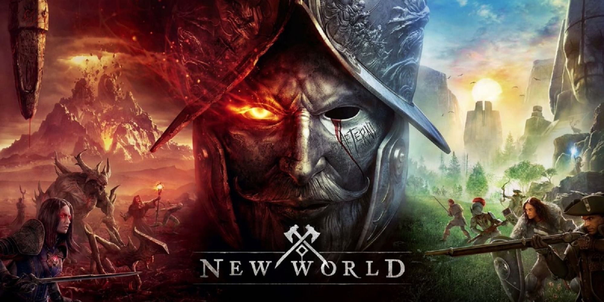 Title art for New World, with two armies facing off in a fantasy world, and a metal-masked fighter in the center, eyes glowing