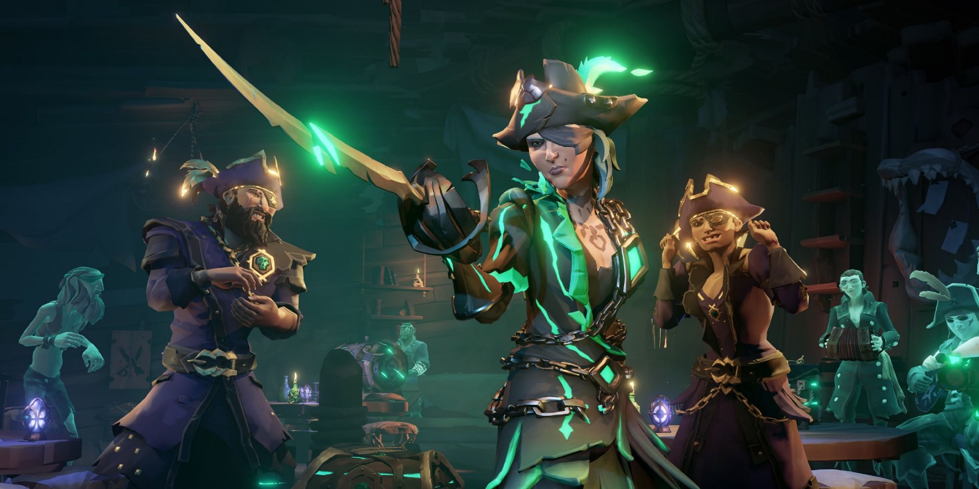 Three pirates from Sea of Thieves, one with green glowing accents on their outfit