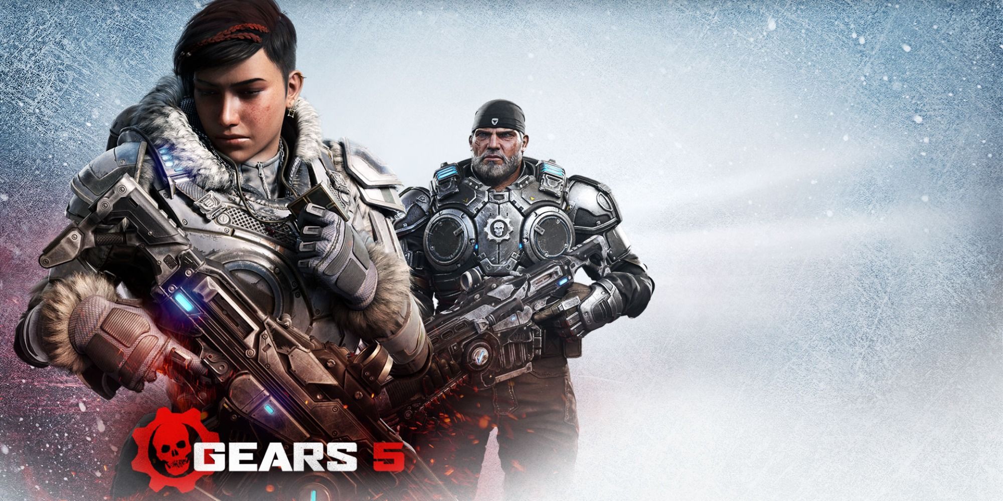 Title art for Gears 5 with Kait Diax and Marcus Fenix wielding guns on a blurry white background