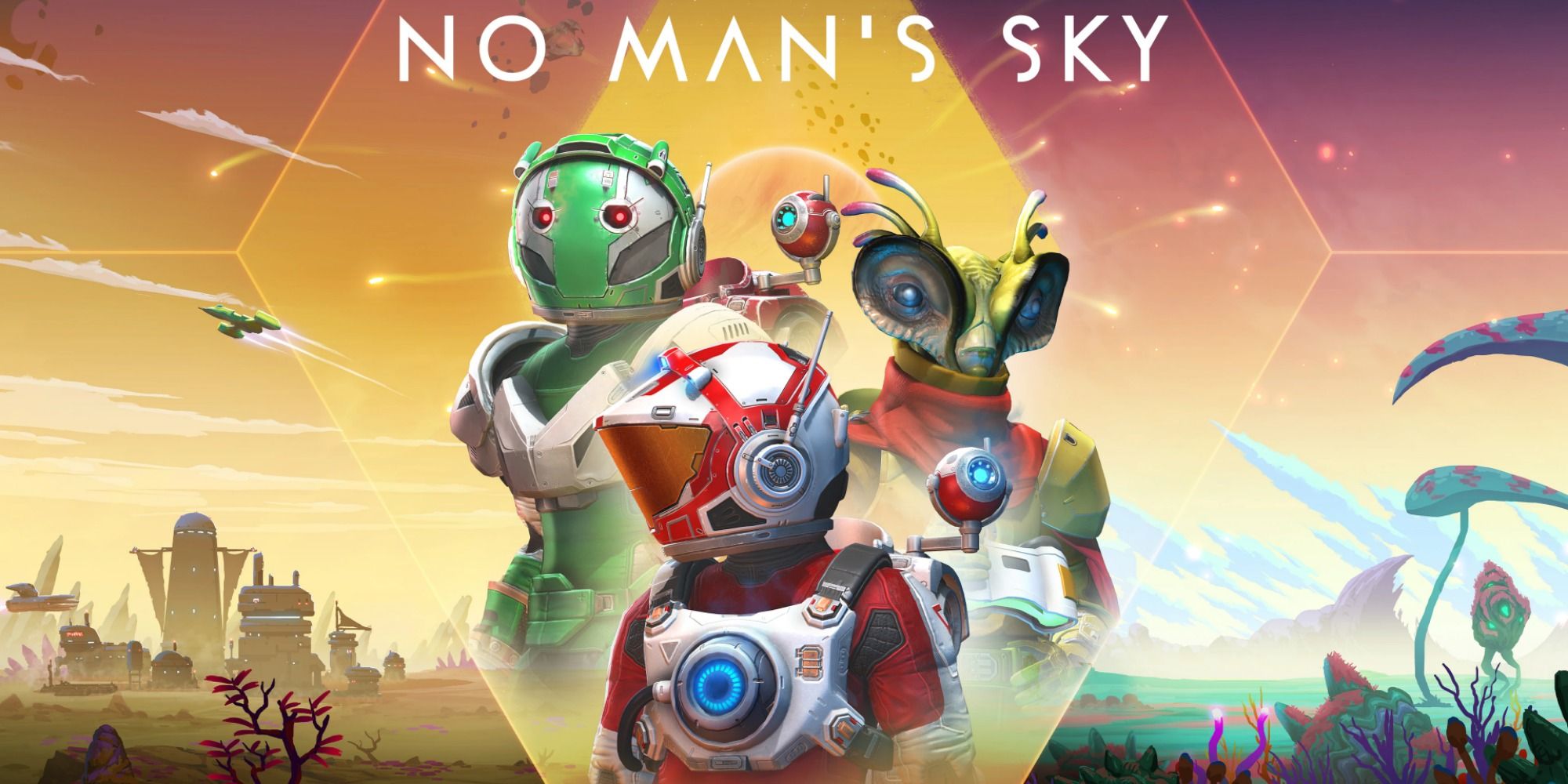 Title art for No Man's Sky with an astronaut, a robot, and an alien set against a vibrant sci-fi world in the background