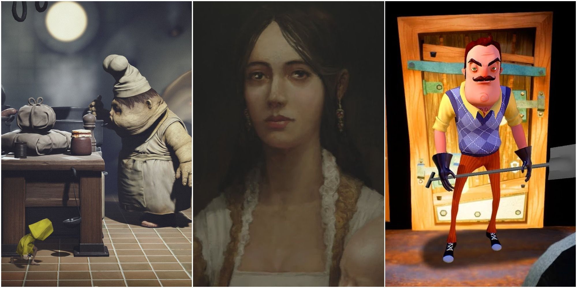 Six And The Neighbor From Hello Neighbor And Little Nightmares Alongside A Painting Of The Wife From Layers Of Fear.
