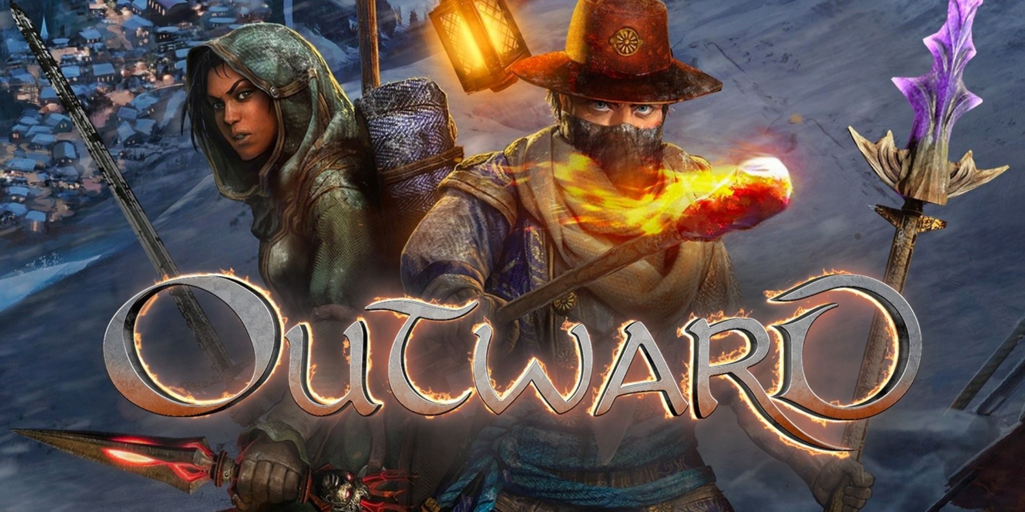 Title art for Outward, with two heroes poses with weapons against a gray background