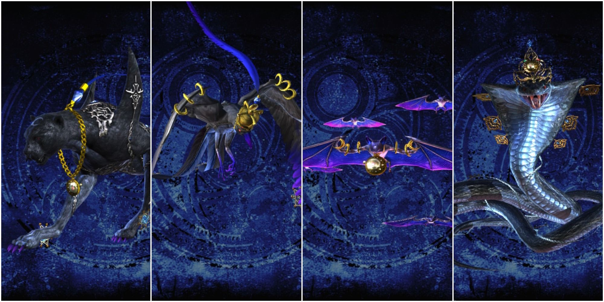 Bayonetta 2 Beast Within models from left to right: Panther Within, Crow Within, Bat Within, Snake Within