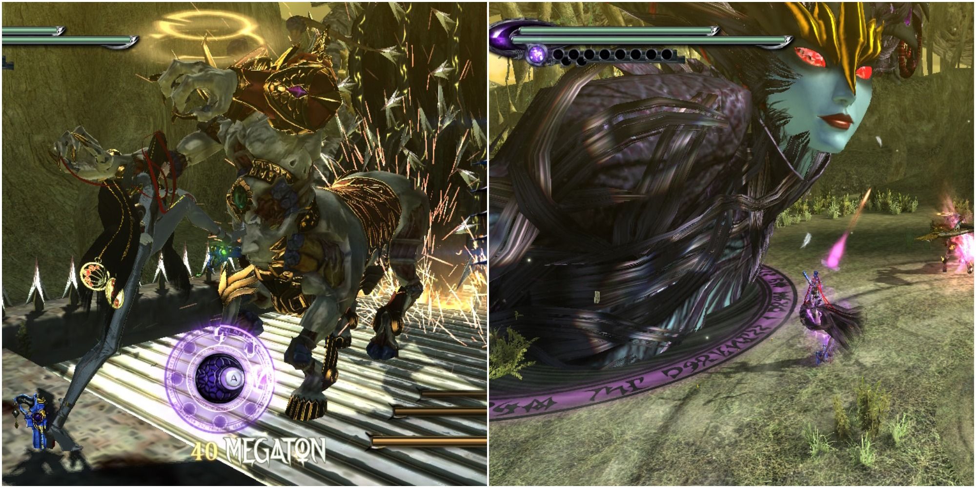 Bayonetta using a Torture Attack (left) and Umbran Climax with Madama Butterfly (right) in Bayonetta 2