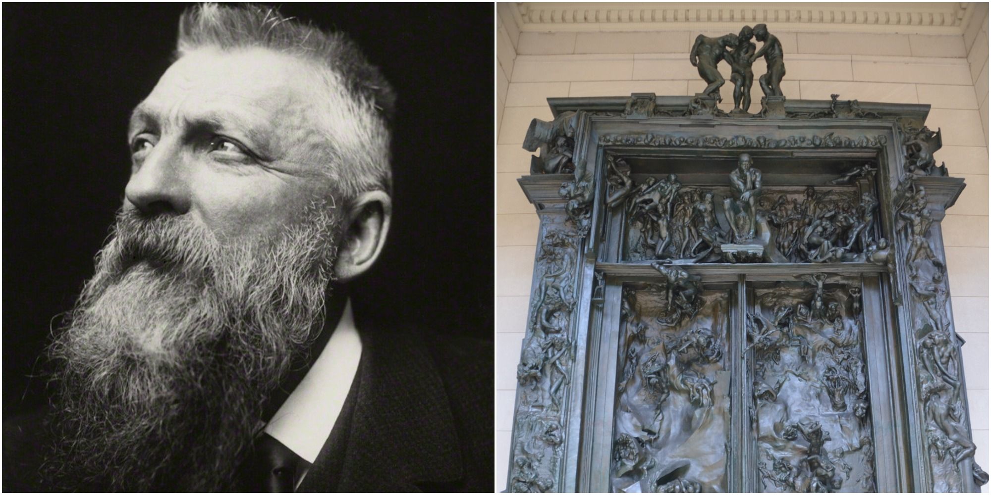1902 photograph of French sculptor Auguste Rodin (left) and his Gates of Hell sculpture (right)
