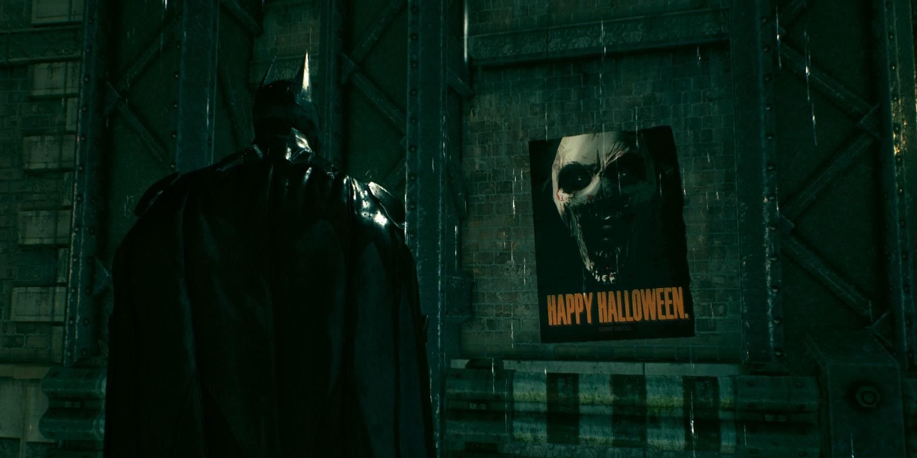 Batman looking at Halloween sign. 
