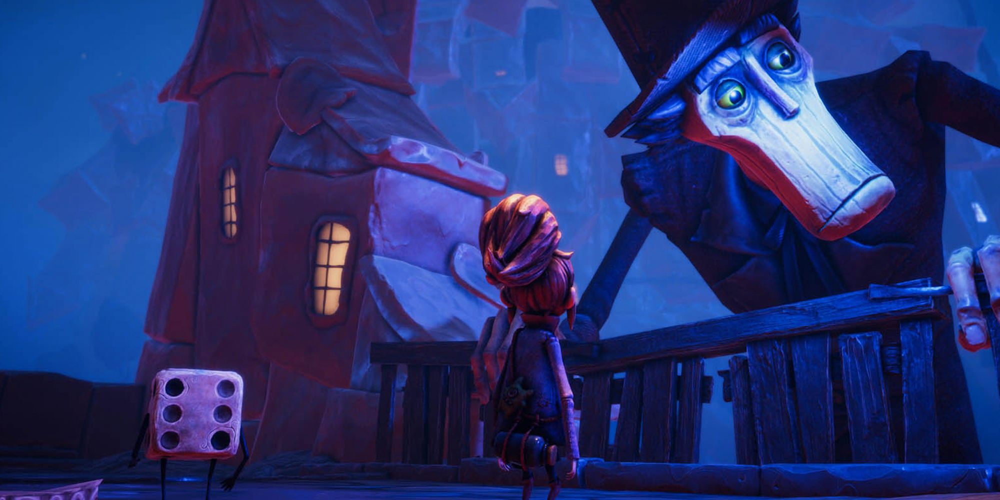 Lost In Random. Even and Dicey talking to the Mayor. Blue and Purple color palette.