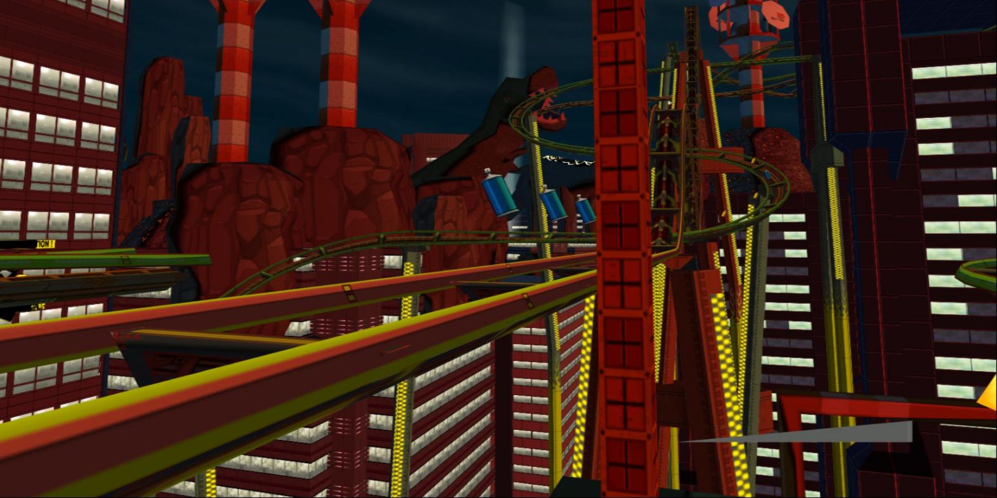 The roller coaster winding between skyscrapers in Sky Dinosaurian Square in Jet Set Radio Future