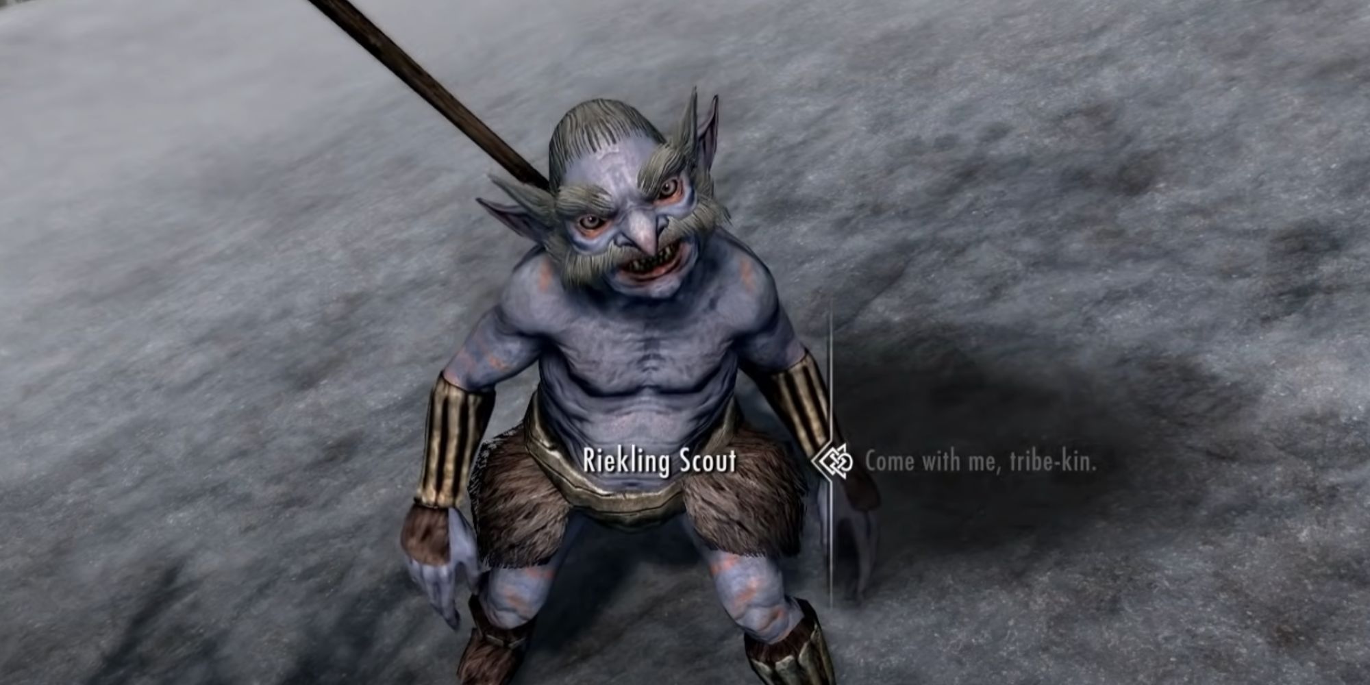 A Riekling Scout speaks to the player as it is recruited.