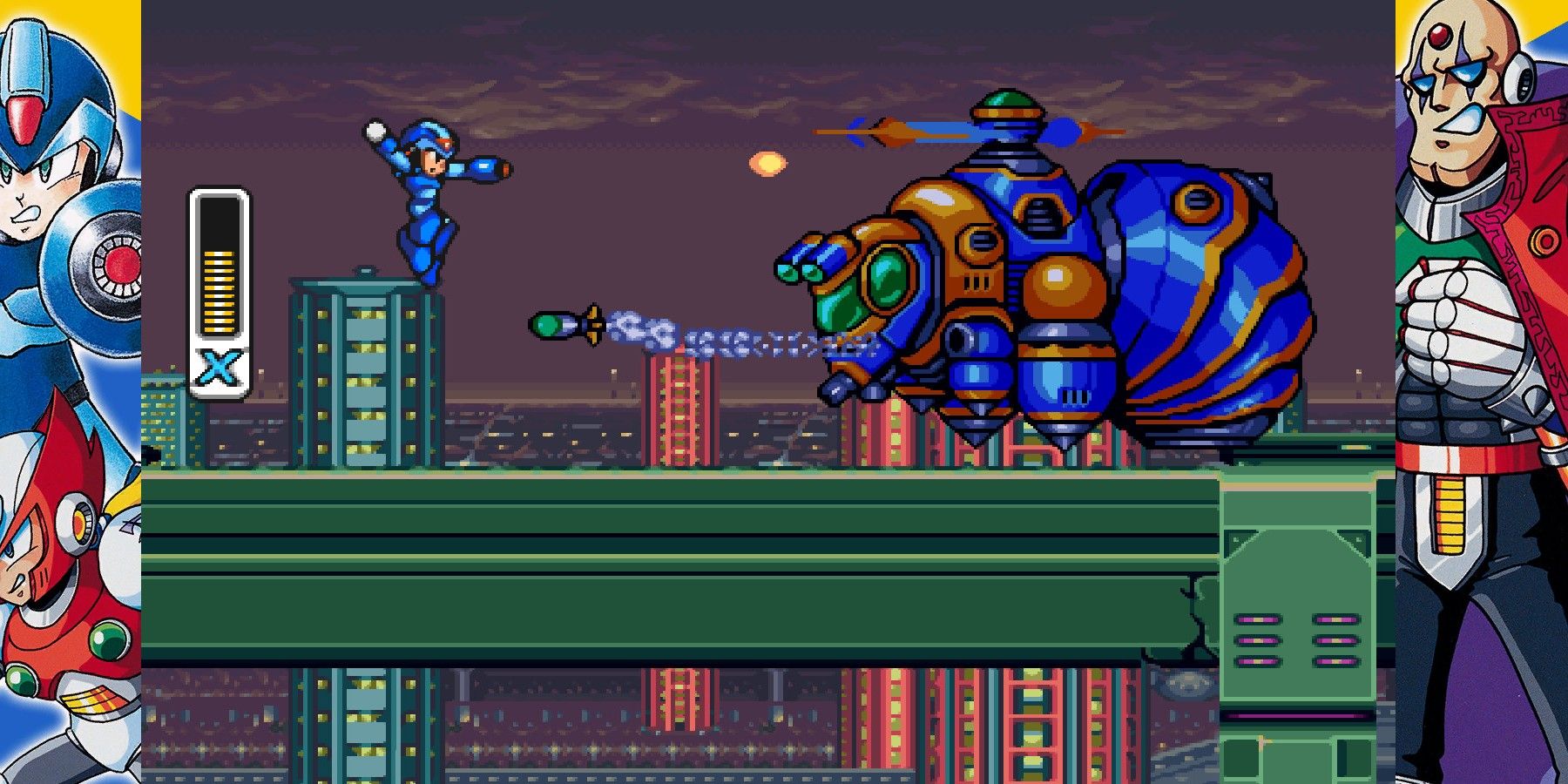 Mega Man fighting big mech bug.