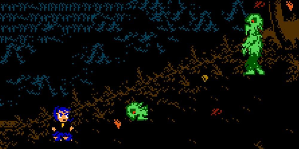 8bit character looking at zombie.