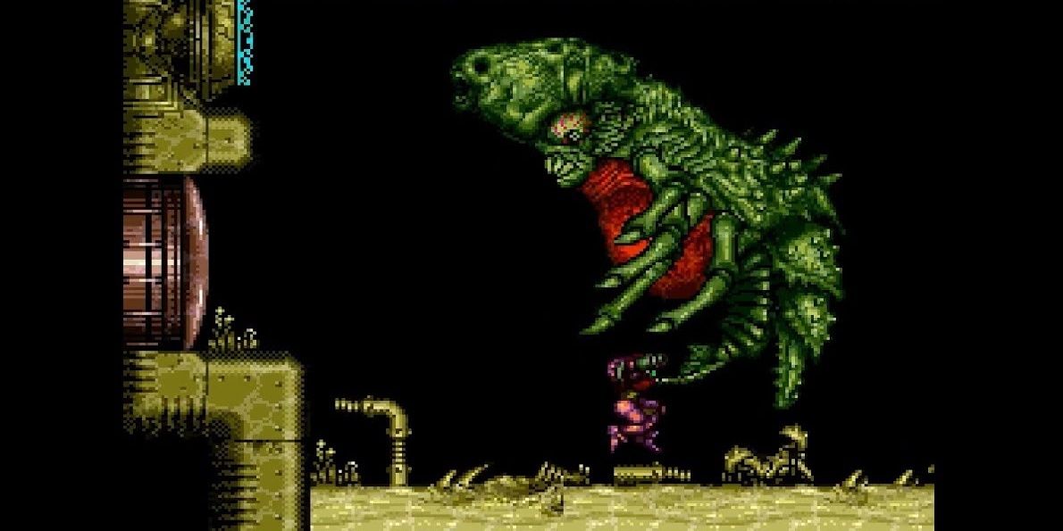 A screenshot showing an encounter with Draygon in Super Metroid
