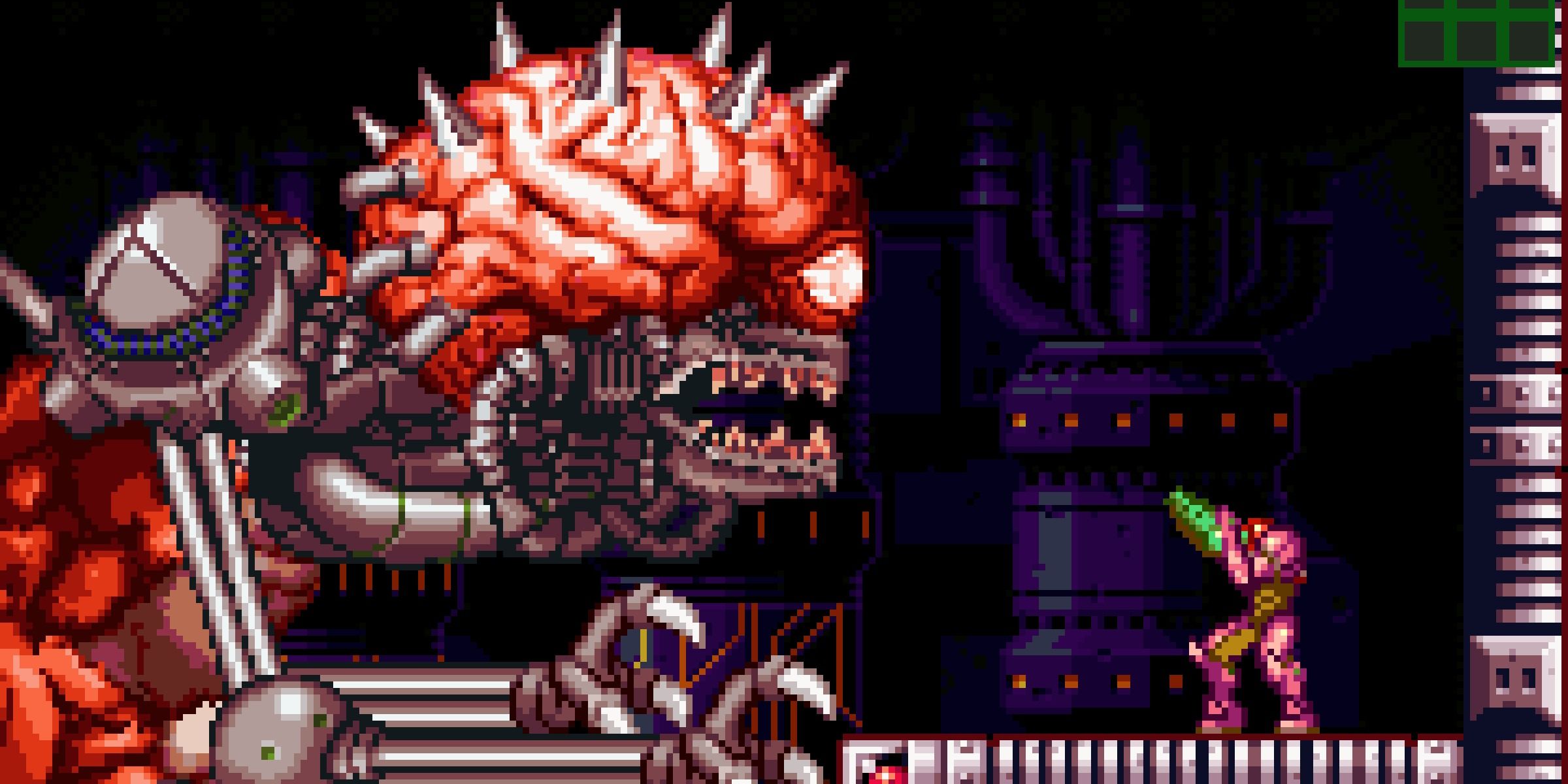 A screenshot showing an encounter with Mother Brain in Super Metroid