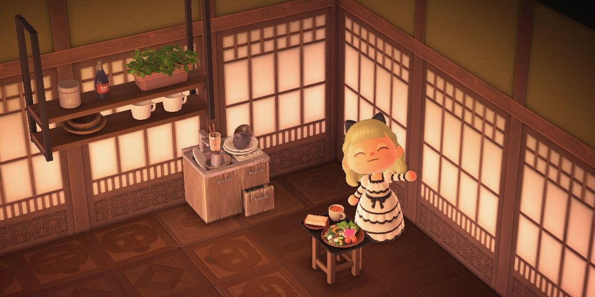 Animal Crossing New Horizons Player In Modern Shoji Room With Hanging Shelves Sloppy Sink And Veggie Plate Player Waving