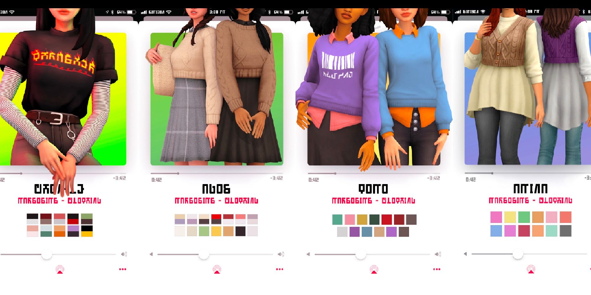 Four of the catalogue options of MarsoSims Custom Content Clothing.