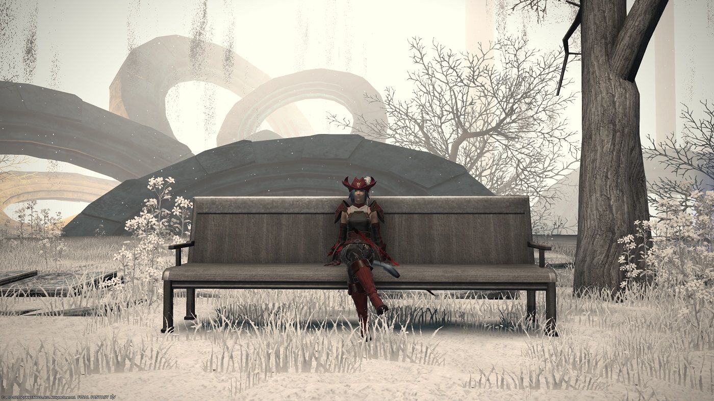 Angelus Demonus sitting on a bench in Final Fantasy 14