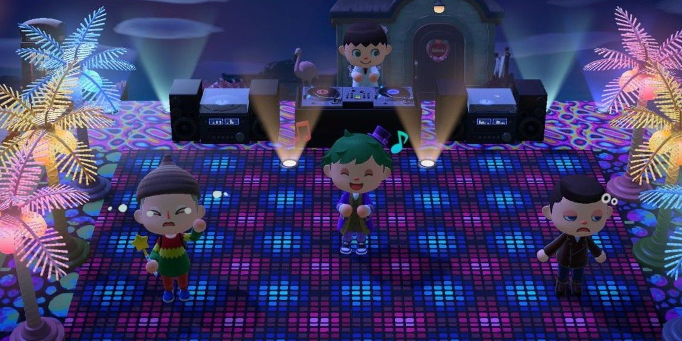 Animal Crossing New Horizons Outdoor Disco Party With Four Players Dancing At Night