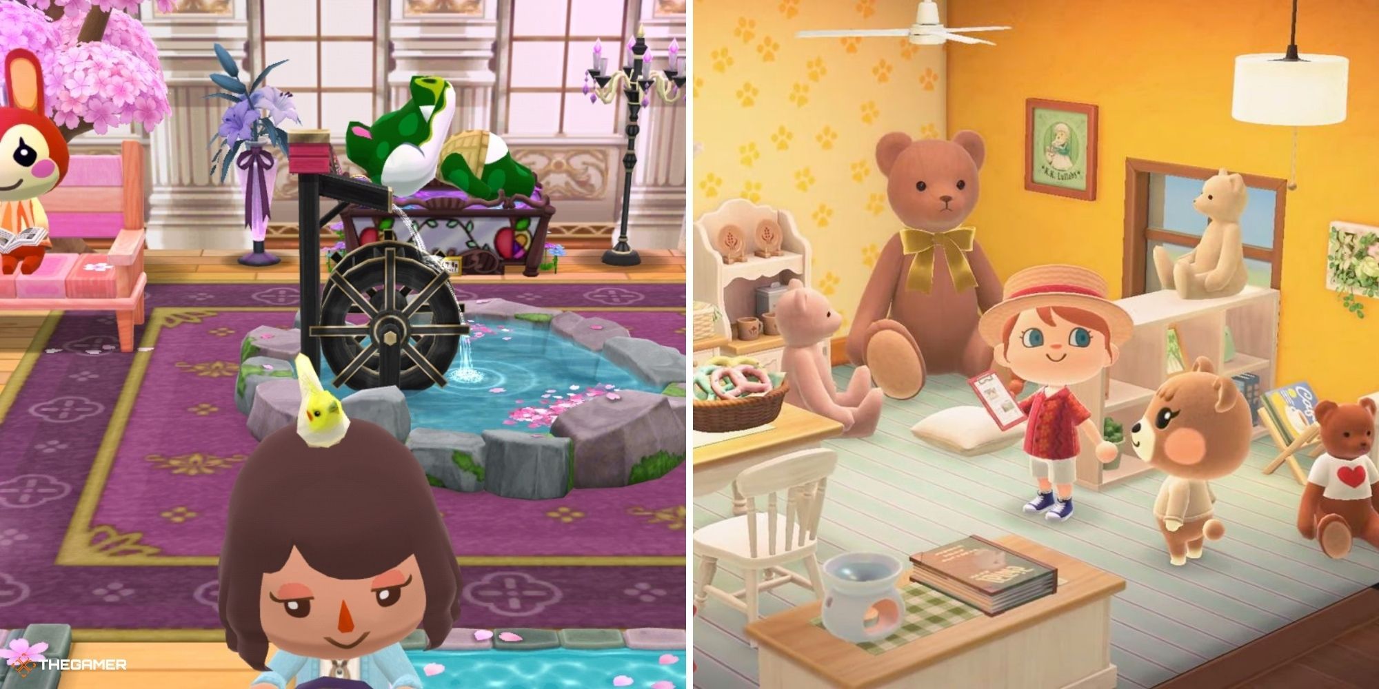 Animal Crossing Pocket Camp on left, player in Cabin, Animal Crossing New Horizons  on right of player in Maple's vacation home
