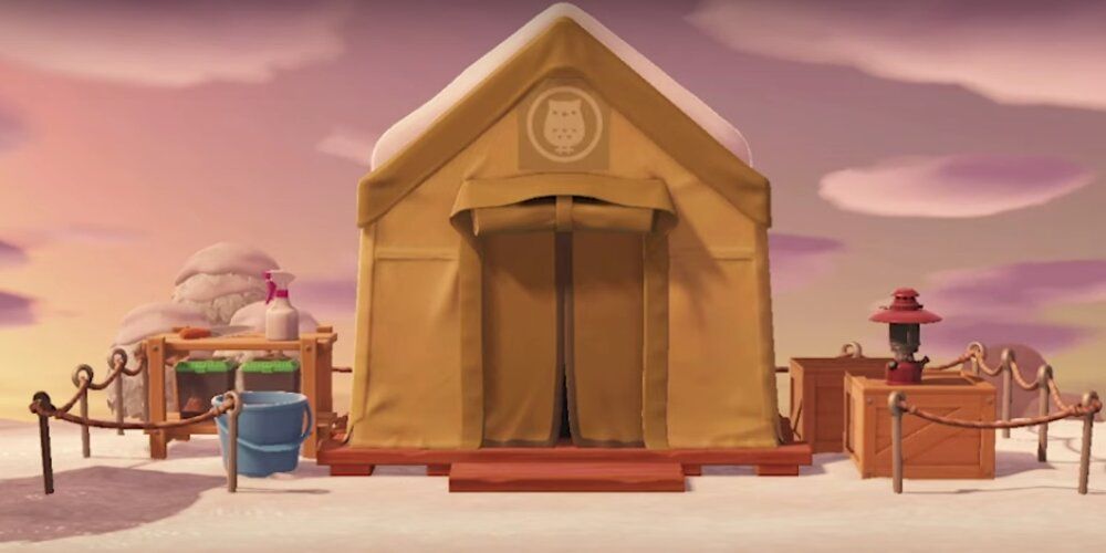 A Screenshot Of Blathers's Tent From Animal Crossing Gameplay.