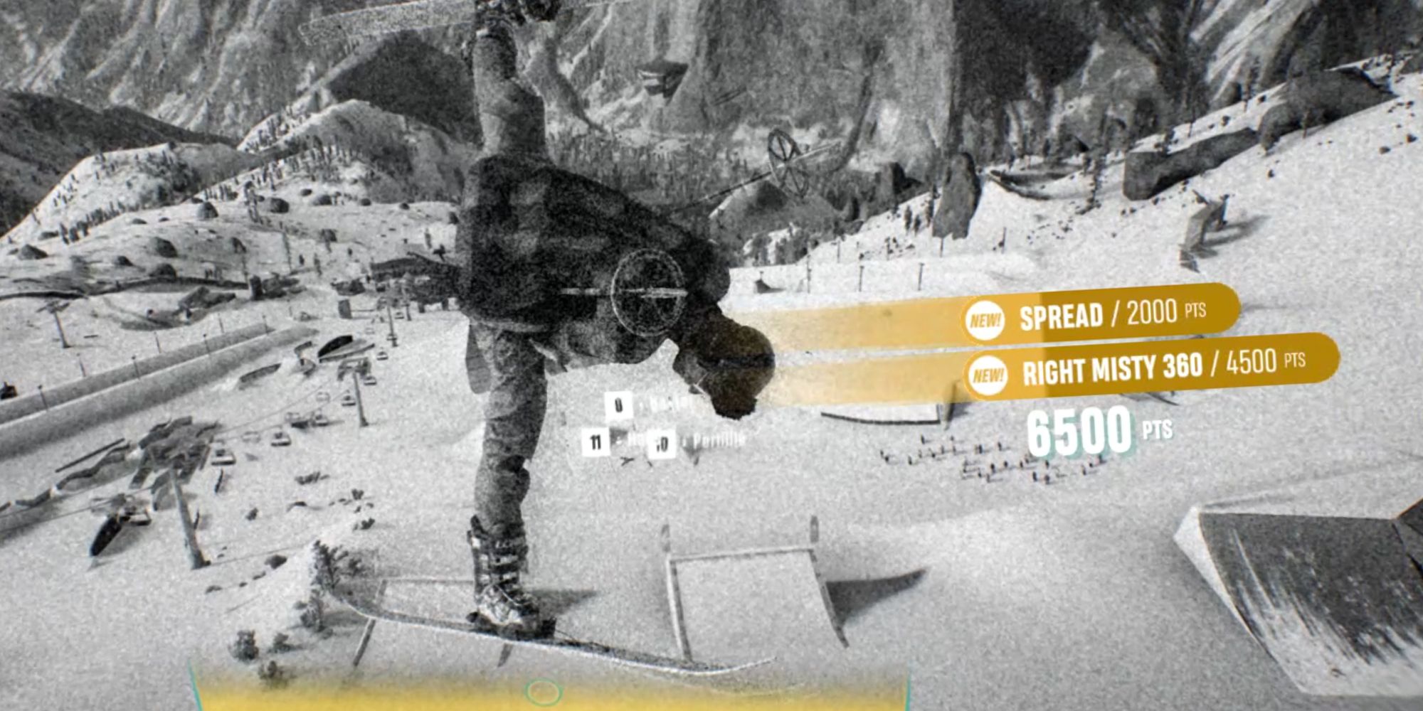 Riders Republic. Rider performing tricks with a black and white filter on screen.