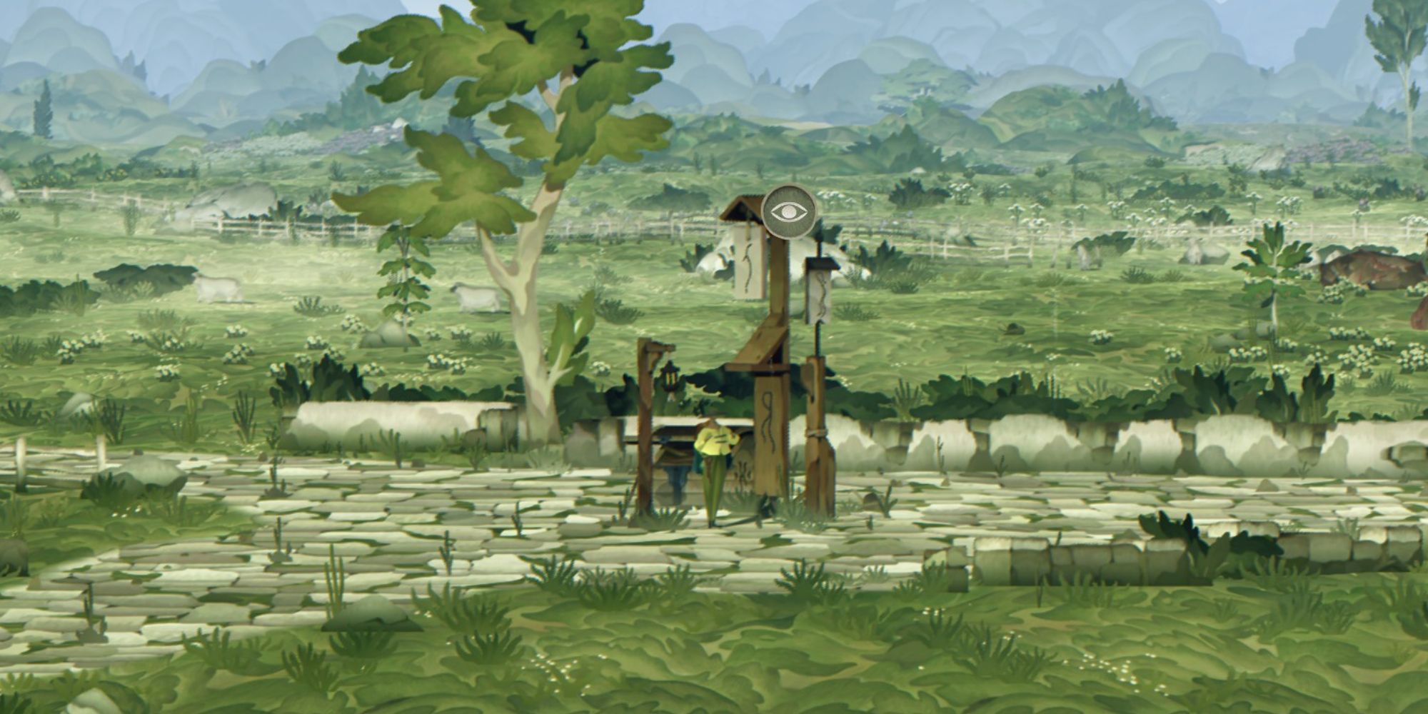 Book of Travels a wide shot of a traveller waiting at a sign post along a cobblestone path in a vast field of green grass with a symbol of an eye above the sign post indicating that the player can interact with it