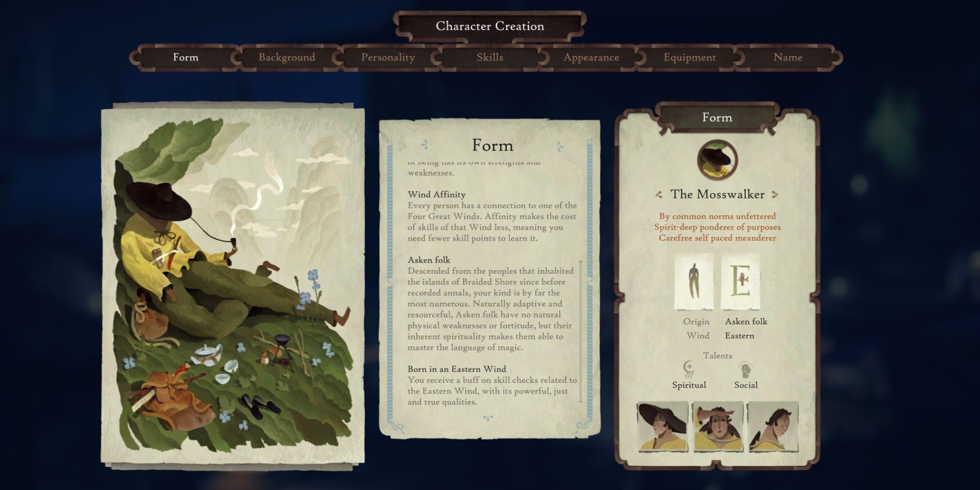 Book of Travels the Character Creation menu showing the player's character on the left a description of their Form in the middle and a series of icons of their character emoting on the right with multiple other tabs present at the top