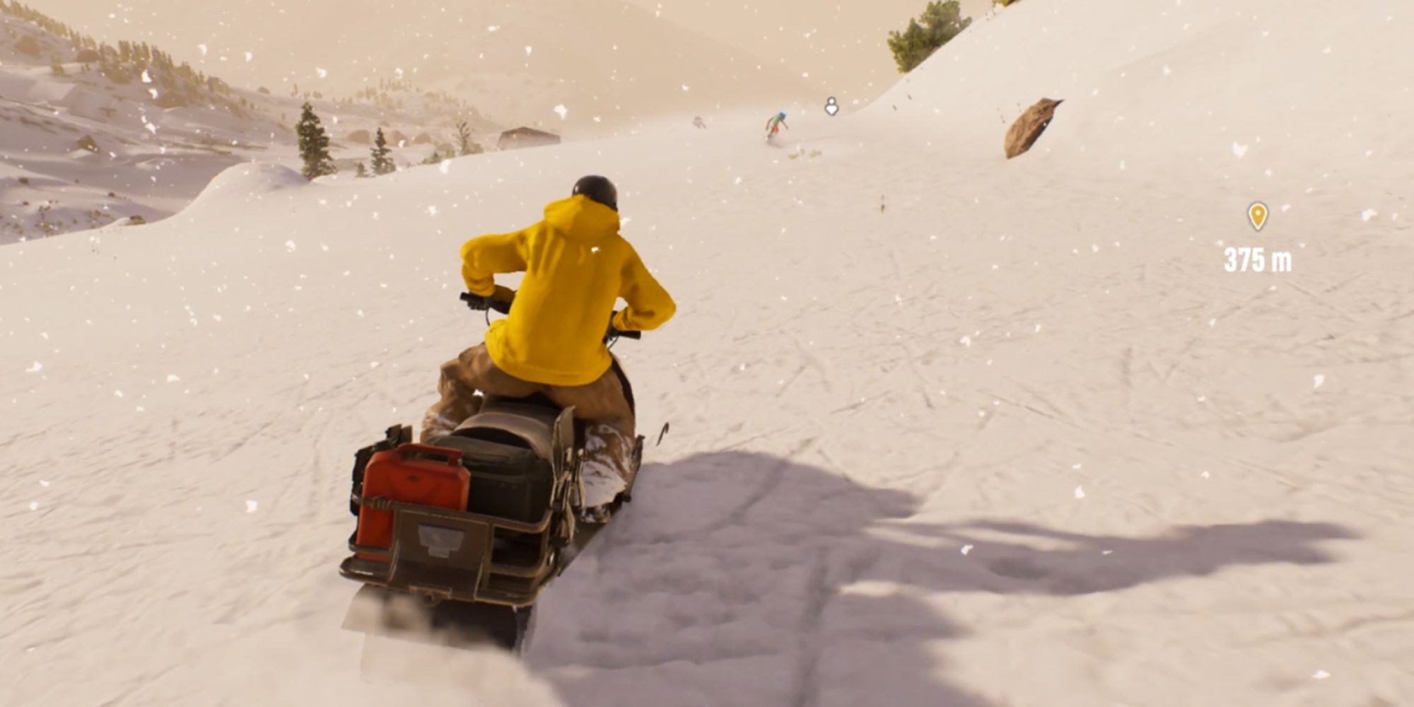 Riders Republic. Rider on a snowmobile in the snow. Wearing a yellow coat.