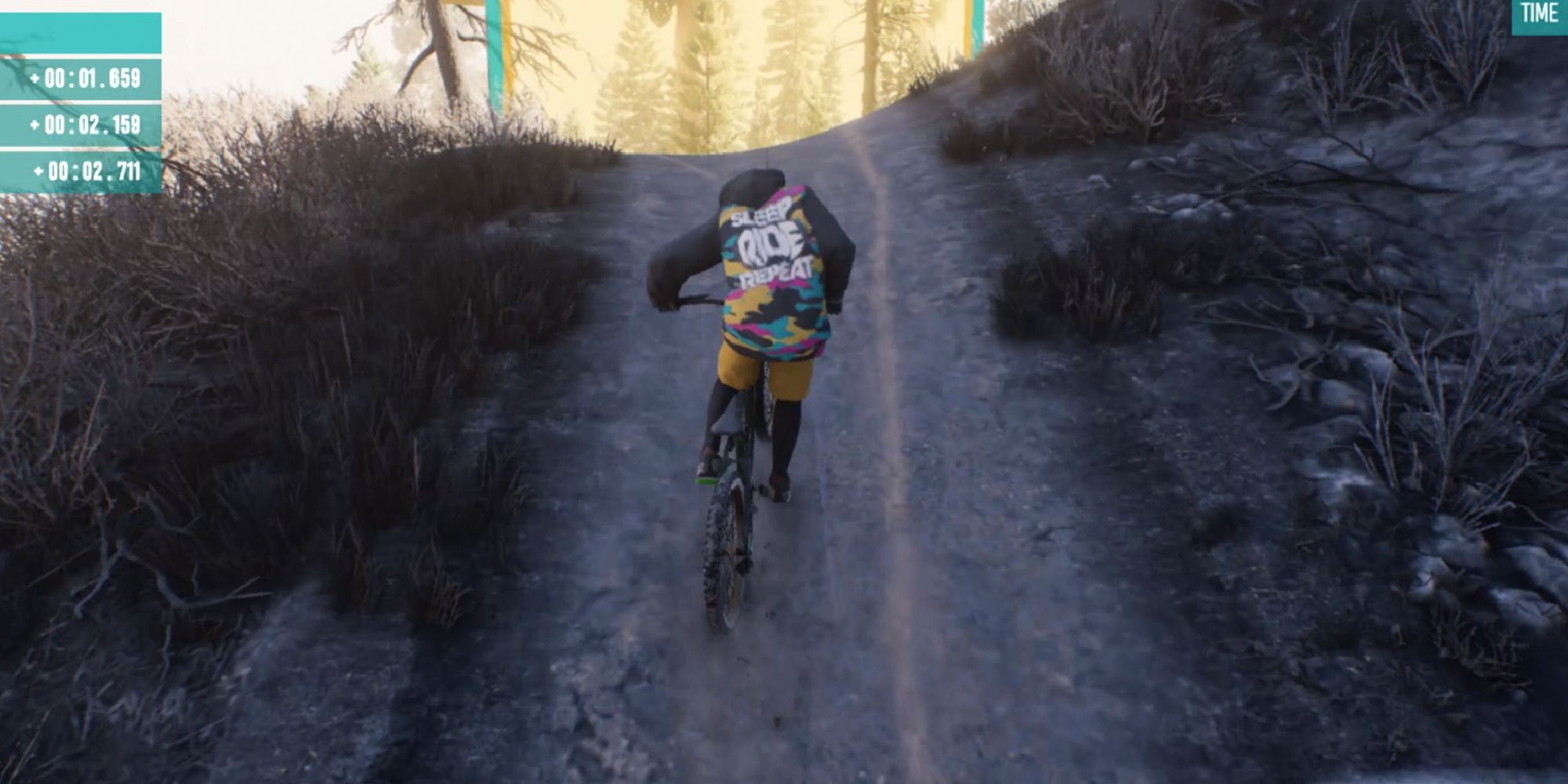 Riders Republic. Riding a bike on a foggy path. Checkpoint is just ahead.