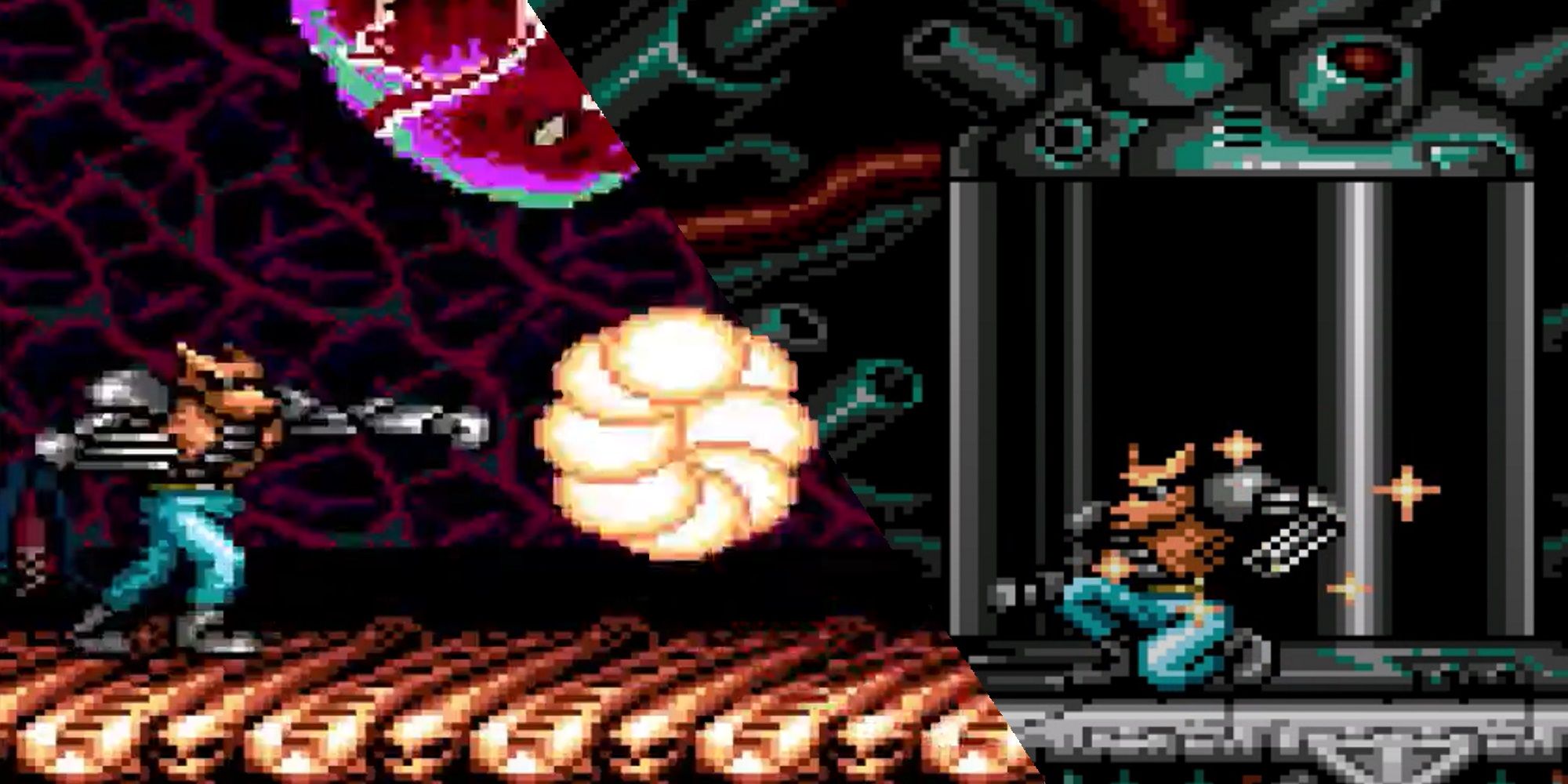 Split image of Brad Fang from Contra Hard Corps utilizing two of his unique weapons