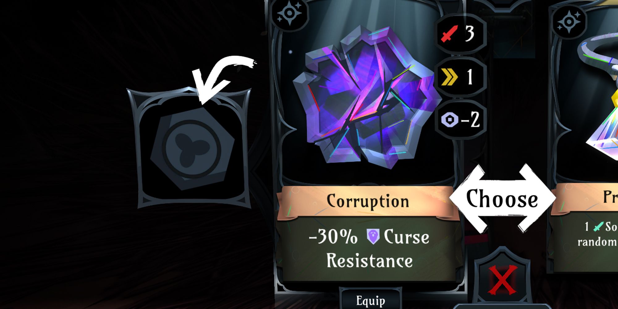 Ring Of Pain. Corruption card selection screen with info.