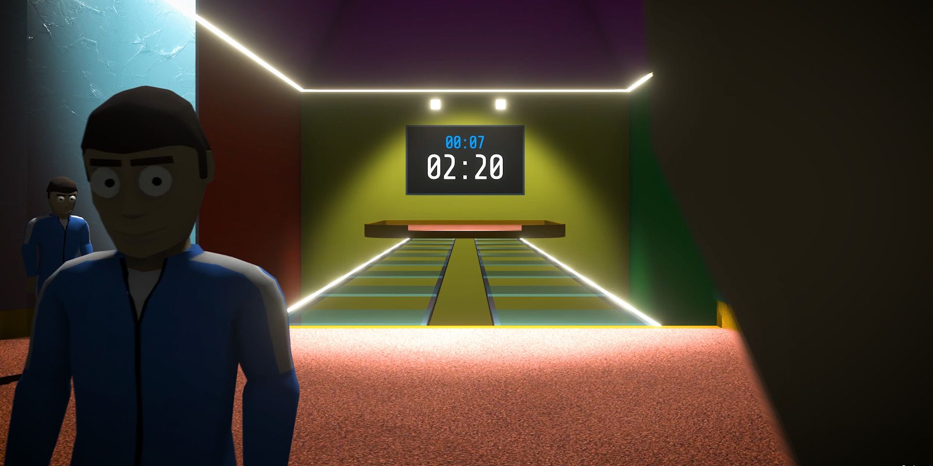 A player looking into the camera with a clock in the background in Crab Game