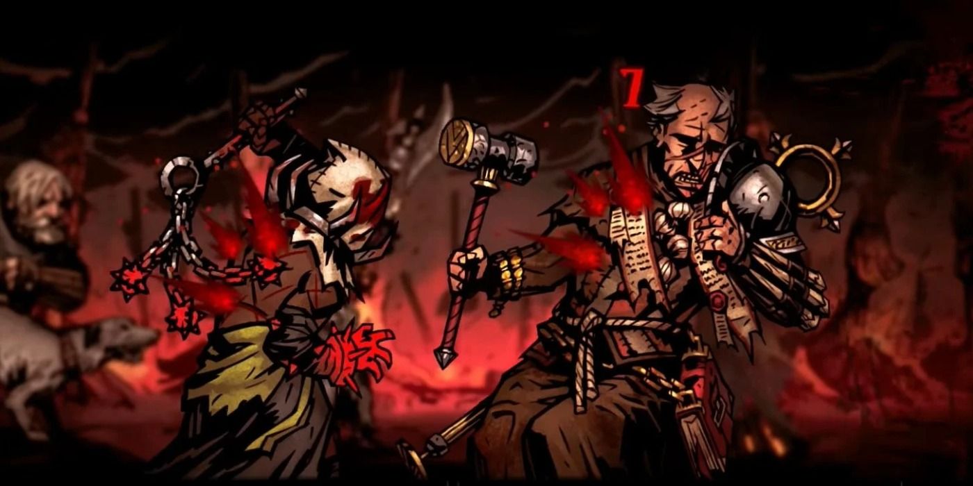 Darkest Dungeon Flagellant executing a Bleed attack against Fanatic