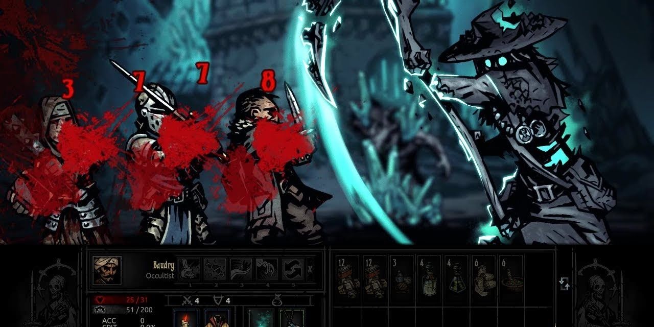 Darkest Dungeon The Miller attacking highwayman, vestal and crusader