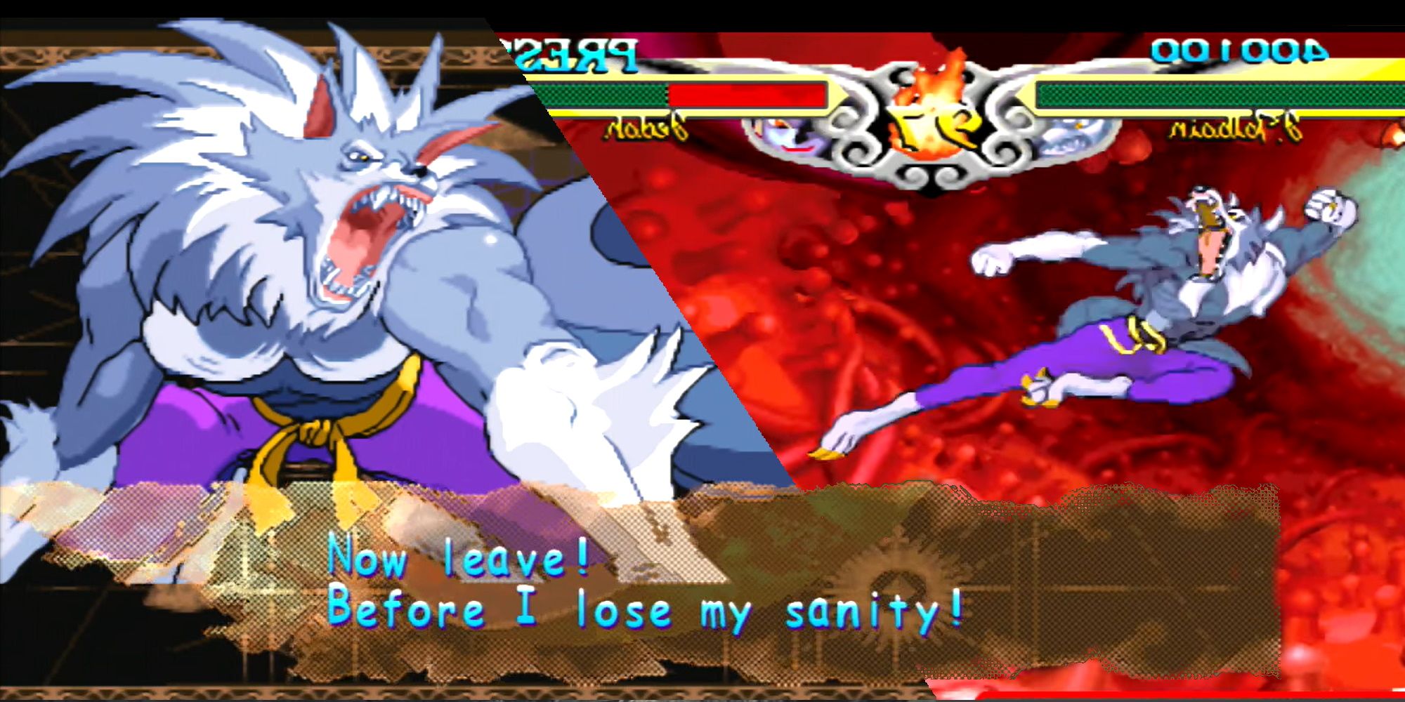 A split image of Darkstalker's Jon Talbain's win screen and performing a jump kick