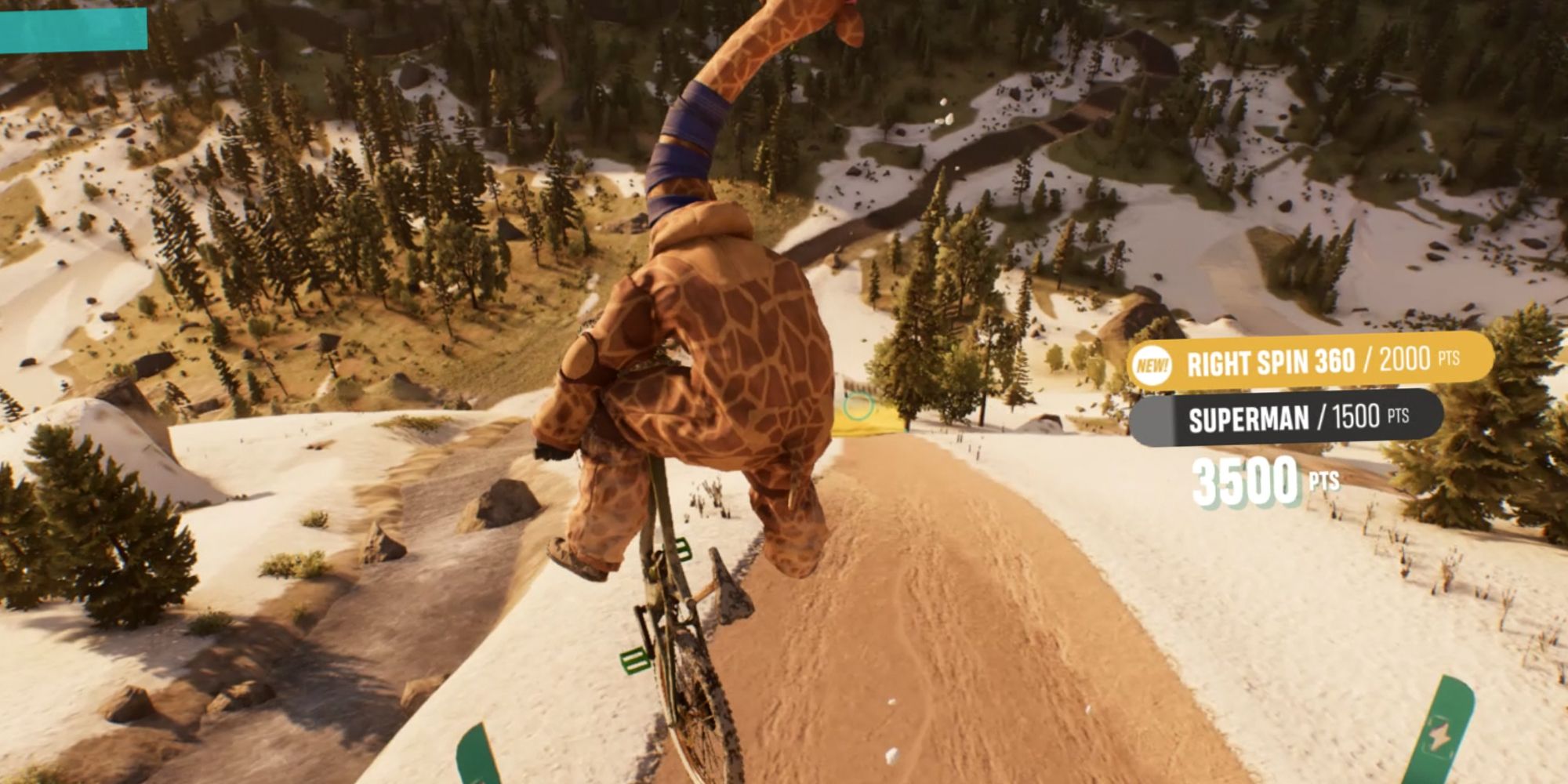 Riders Republic. Bike riding while wearing a giraffe costume. Mid-air performing tricks.