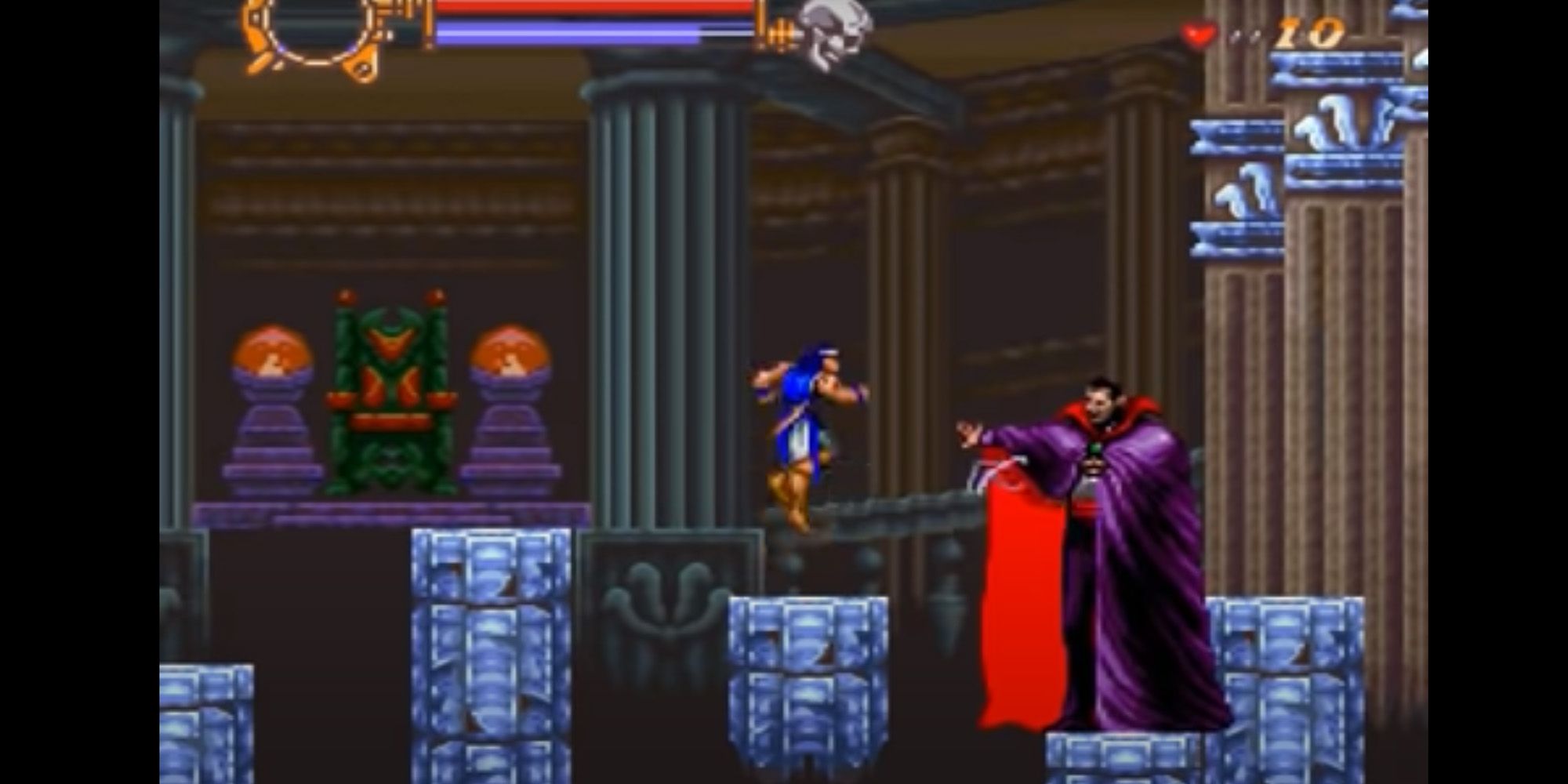 Simon Belmont facing of with Vlad Dracula in Castlevania: Dracula X