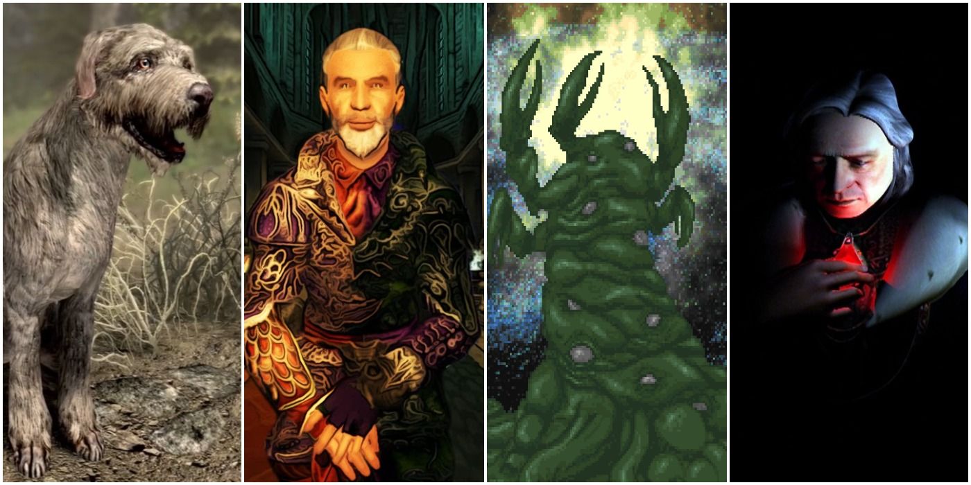 From left to right: Barbas' dog form in Skyrim, Sheogorath in Oblivion, Hermaues Mora in Daggerfall and Uriel Septim VII in Oblivion