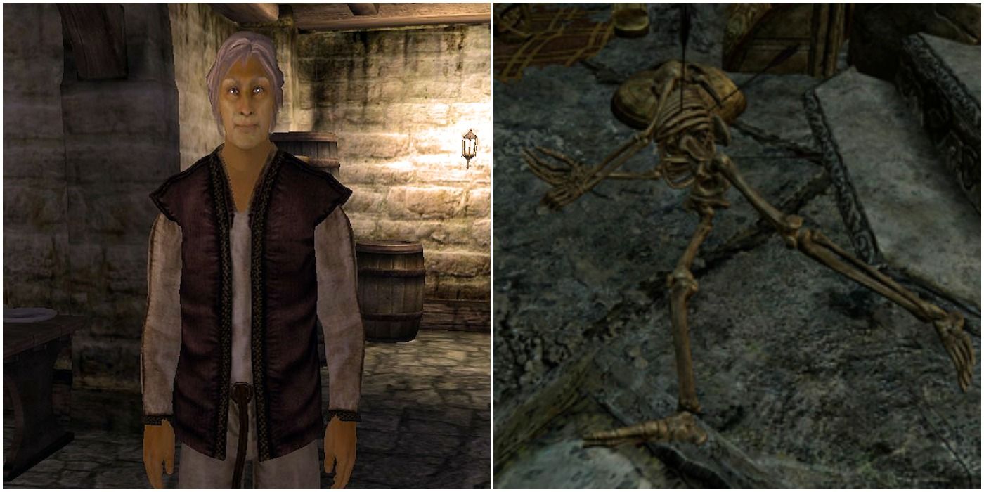 An alive Sinderion in Oblivion (left) and his skeletal remains in Skyrim (right)