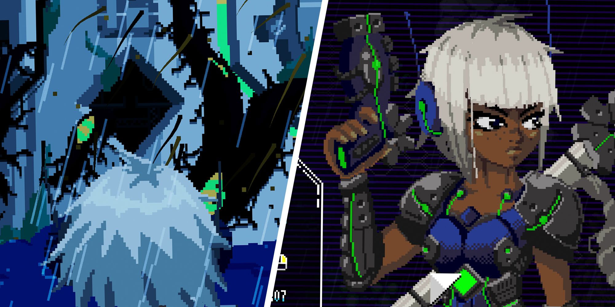 Unsighted split image, cutscene on left showing back of alma's head, right is alma holding a weepon.