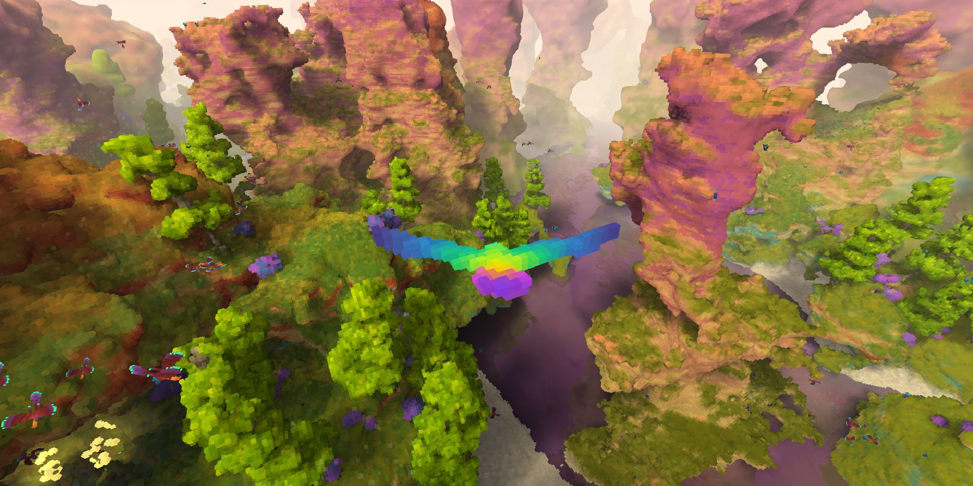 A rainbow bird flies through a green landscape in Fugl